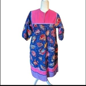 Krist Gudnason Tropical Print Colorful Fish Purple Caftan Dress CA sz S